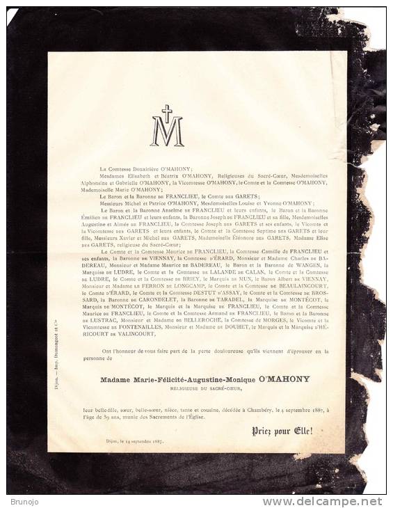 Faire-part Décès Marie-Félicité-Augustine- Monique O´MAHONY, Religieuse Du Sacré-Cœur, 1887 - Obituary Notices