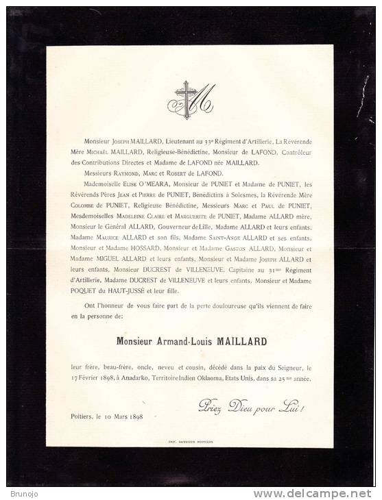 Faire-part Décès Armand-Louis MAILLARD (décédé A Anadarko, Terrritoire Indien Oklaoma), Poitiers, 1898 - Obituary Notices