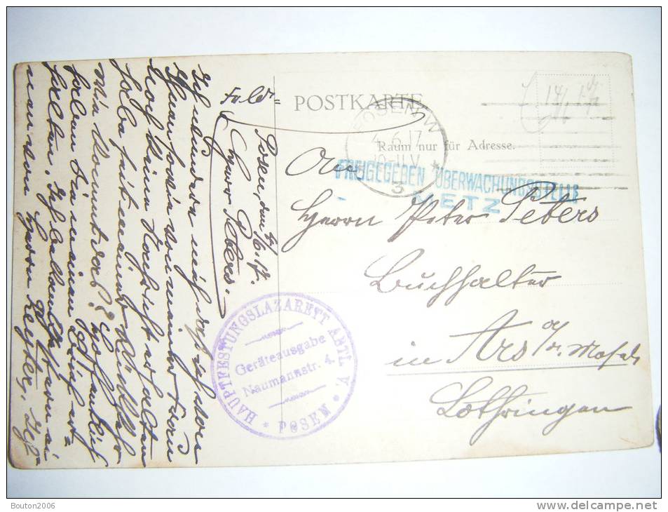 Posen 4/06/1917 STempel Hauptfestungslazarett Abt V. Posen Tampon De Censure De Metz Bouteille De Vin Müller ELTVILLER - Polen