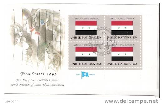 FDC Syrian Arab Republic - United Nations Flag - WFUNA Cachet - Block Of 4 Stamps - Covers