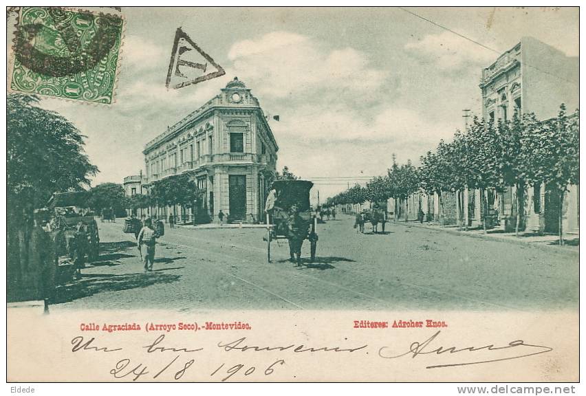 Montevideo  Calle Agraciada ( Arroyo Seco ) Edit Adroher Circulada 1906 A Dakar Senegal Tax - Uruguay