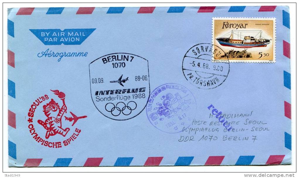 Flugpost Interflug Olympische Spiele Seoul 1988  Zuleitung Sörvagur (240) - Färöer Inseln