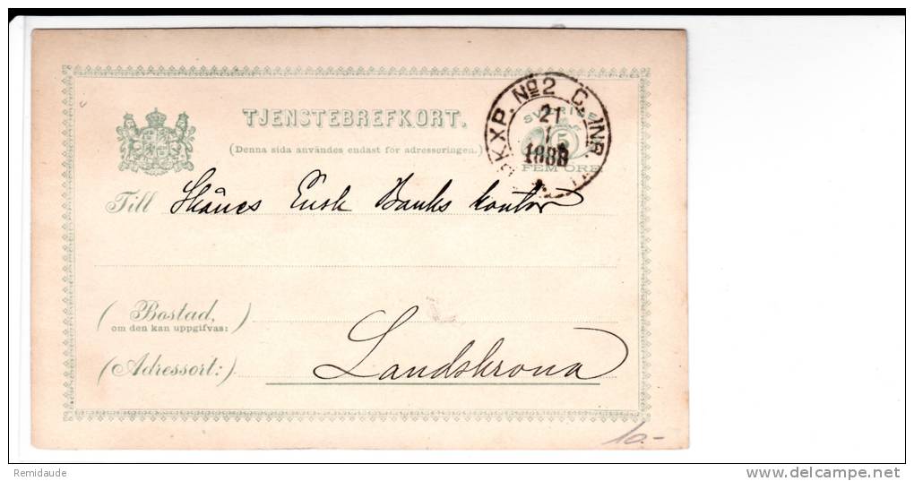 SUEDE - 1888 - RARE CARTE POSTALE ENTIER De SERVICE Avec REPIQUAGE De MALMÖ Pour LANDSKRONA - Interi Postali