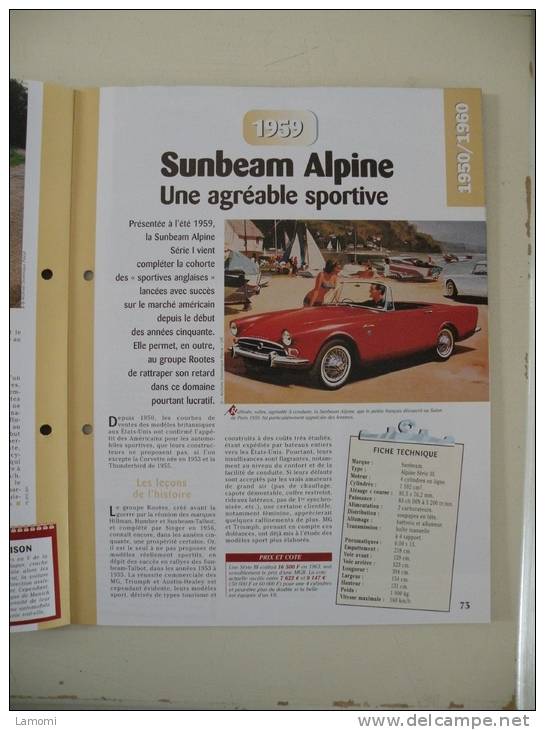 Fiche Technique Voiture - Sunbeam Alpine - 1959 - (N°15) Technical Car - Voitures