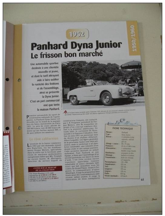 Fiche Technique Voiture - Panhard Dyna Junior - 1952 - (N°14) Technical Car - Cars