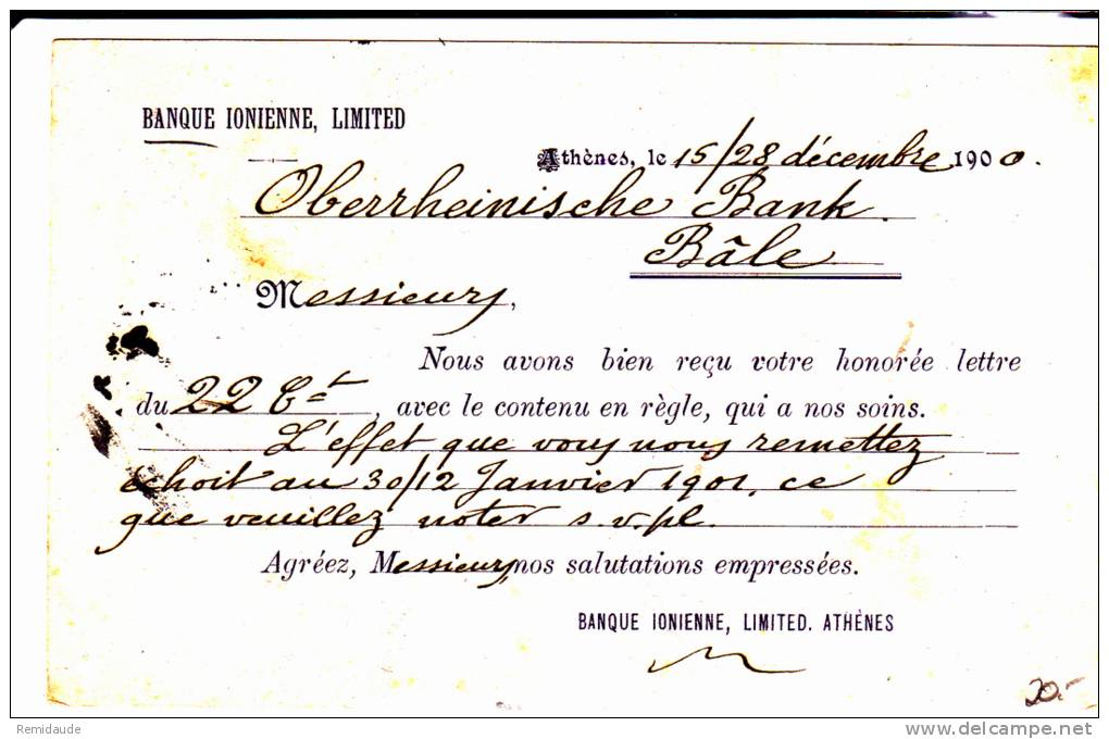 GRECE - 1900 - CARTE POSTALE ENTIER Avec REPIQUAGE PRIVE De La BANQUE IONIENNE De ATHENES Pour FRANKFURT - Postal Stationery