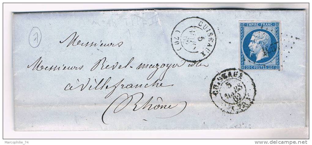 SAONE ET LOIRE N°14 PC 1957 T15 CUISEAUX 1862 LETTRE COTE 27€ - 1849-1876: Période Classique