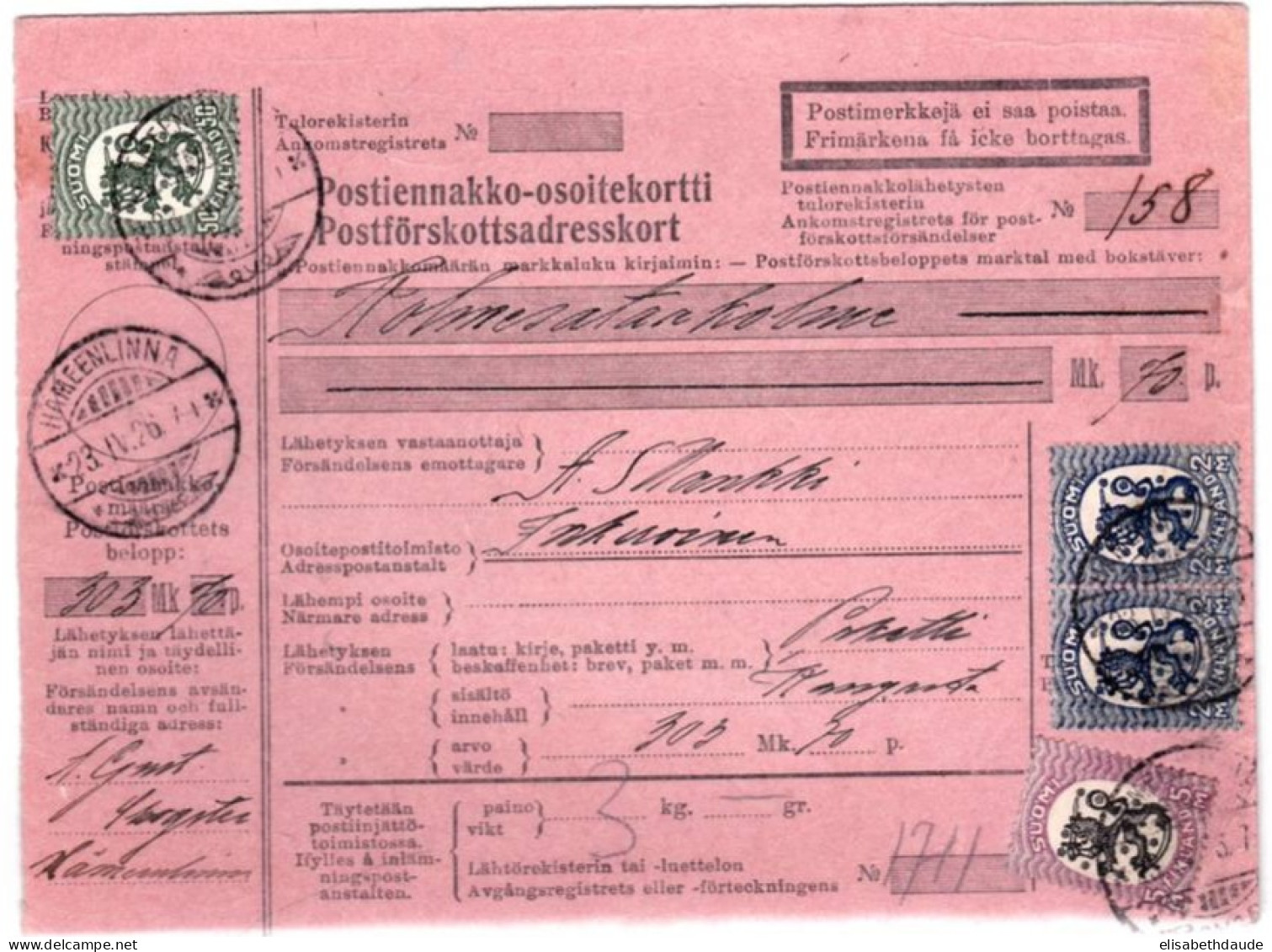 FINLANDE - 1926 - CARTE MANDAT De HAMEENLINNA Pour INKEROINEN - Briefe U. Dokumente