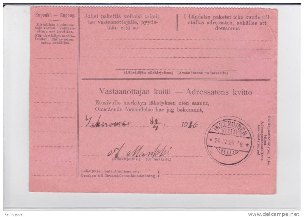 FINLANDE - 1926 - CARTE MANDAT De HAMEENLINNA Pour INKEROINEN - Briefe U. Dokumente