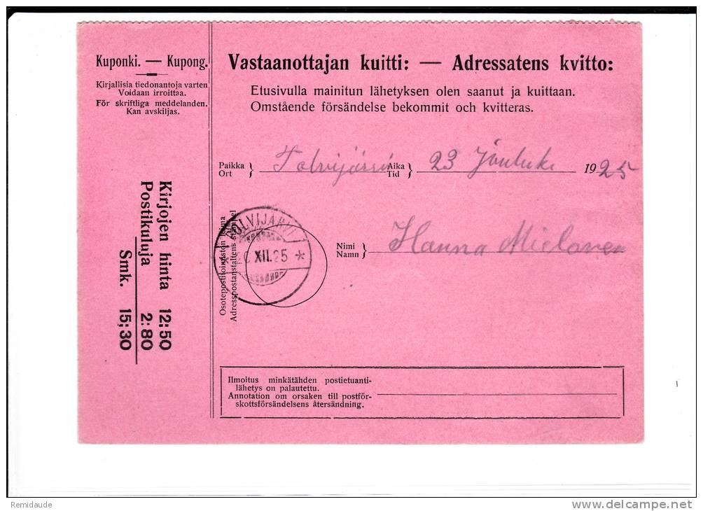 FINLANDE - 1925 - CARTE MANDAT De HELSINKI Pour POLVIJARVI - Brieven En Documenten