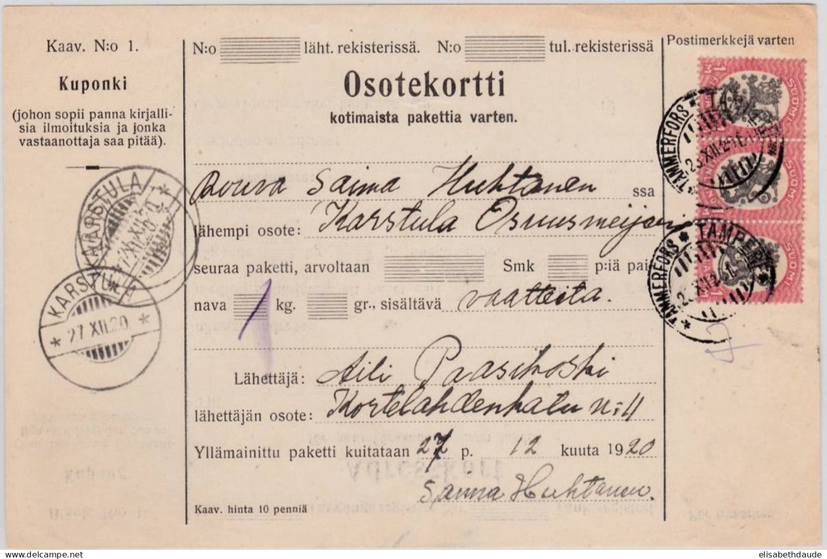 FINLANDE - 1920 - CARTE MANDAT De TAMPERE Pour KARSTULA - Cartas & Documentos