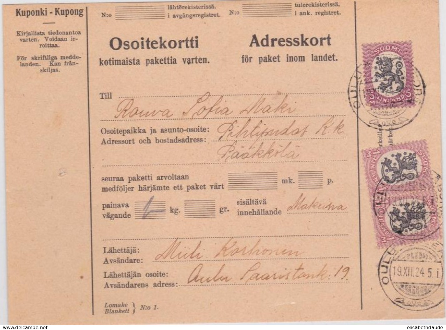 FINLANDE - 1924 - CARTE MANDAT De OULU Pour PIHTIPUDAS - Cartas & Documentos