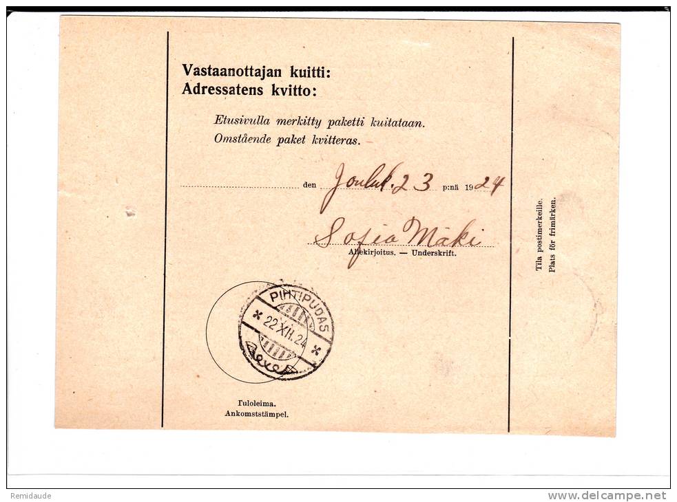 FINLANDE - 1924 - CARTE MANDAT De OULU Pour PIHTIPUDAS - Cartas & Documentos