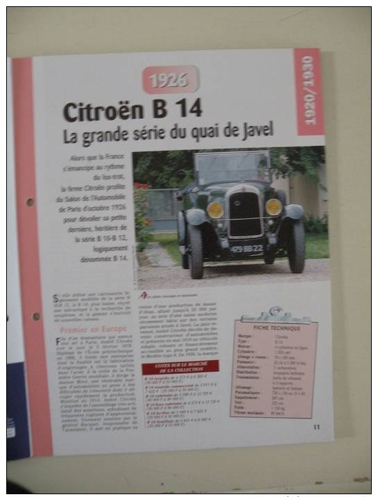 Fiche Technique Voiture - Citroën B 14 - 1926 - (N°13) Technical Car - Voitures