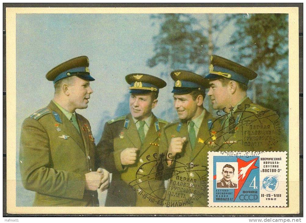 Space. USSR 1963. 4 Russian Cosmonauts Colored Postcard: Gagarin, Titov, Nikolayev, Popovich. - Russia & USSR
