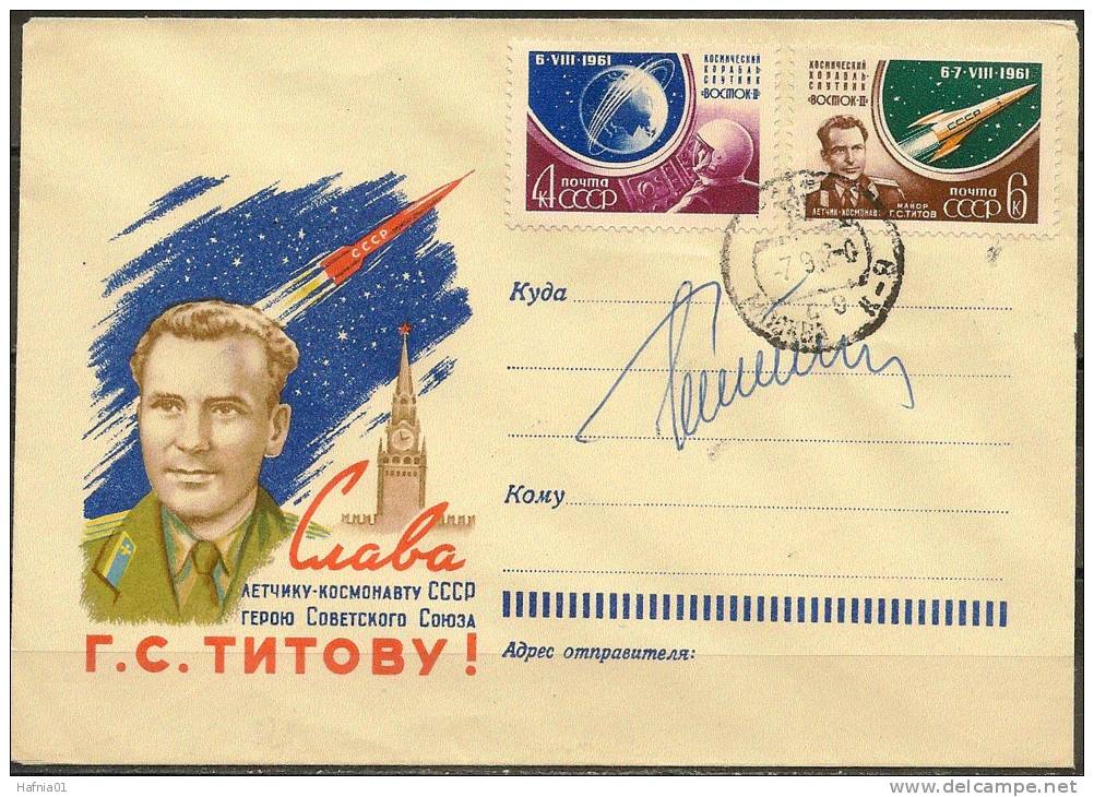 Space. USSR 1962. German Titov. Cover With Portrait Cachet. Signed By Cosmonaut German Titov. Cancel 07.09.62. Moscow. - Russia & USSR