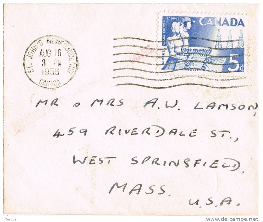 0636. Carta St. JOHN´S (New Foundland) Canada 1955. Missent To Springfiel Mass - Covers & Documents