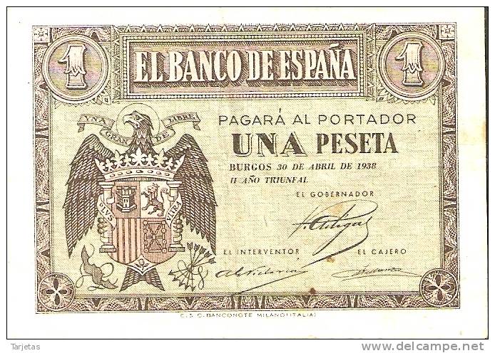 BILLETE DE 1 PTA DEL 30 ABRIL 1938 SERIE G CALIDAD BC  (BANKNOTE) - 1-2 Peseten