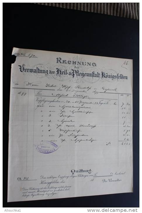 Lot de  37 Factures Rechnung ,Quittung Quittances (1884 &amp; +)AARGAU Vermatung der Heil &amp; Pfegeanstalt Konnigsfeld