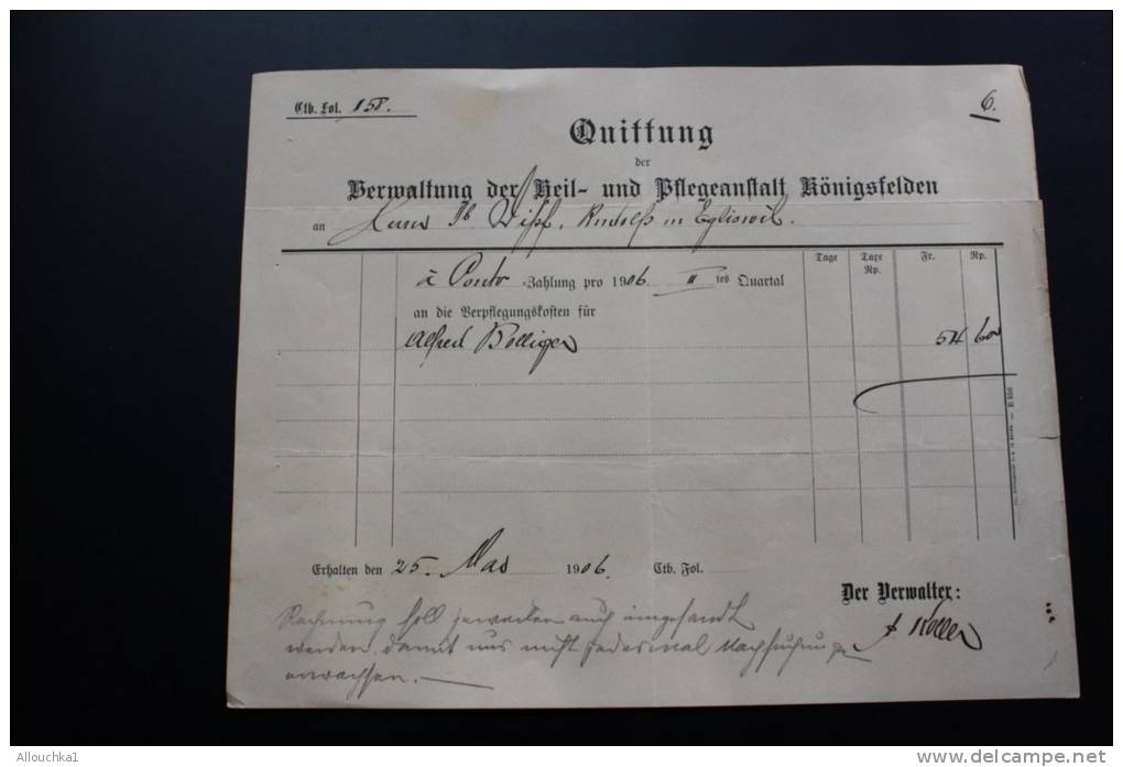 Lot de  37 Factures Rechnung ,Quittung Quittances (1884 &amp; +)AARGAU Vermatung der Heil &amp; Pfegeanstalt Konnigsfeld