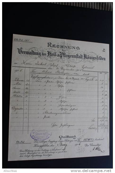 Lot de  37 Factures Rechnung ,Quittung Quittances (1884 &amp; +)AARGAU Vermatung der Heil &amp; Pfegeanstalt Konnigsfeld