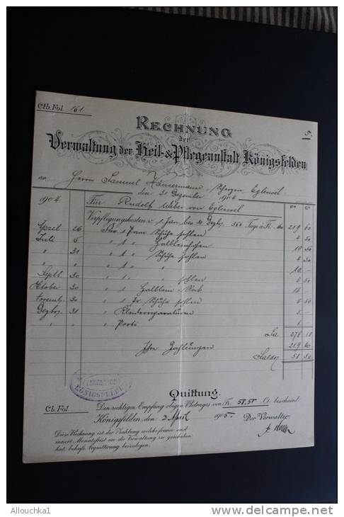 Lot de  37 Factures Rechnung ,Quittung Quittances (1884 &amp; +)AARGAU Vermatung der Heil &amp; Pfegeanstalt Konnigsfeld