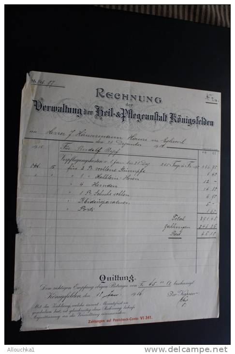Lot de  37 Factures Rechnung ,Quittung Quittances (1884 &amp; +)AARGAU Vermatung der Heil &amp; Pfegeanstalt Konnigsfeld
