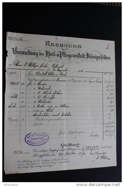 Lot de  37 Factures Rechnung ,Quittung Quittances (1884 &amp; +)AARGAU Vermatung der Heil &amp; Pfegeanstalt Konnigsfeld