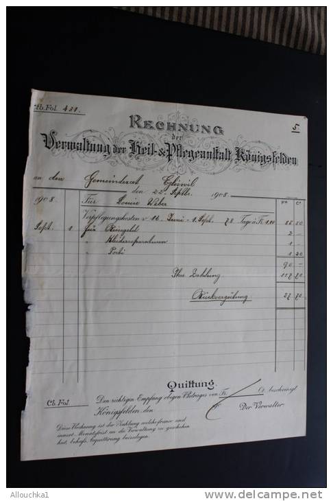 Lot de  37 Factures Rechnung ,Quittung Quittances (1884 &amp; +)AARGAU Vermatung der Heil &amp; Pfegeanstalt Konnigsfeld