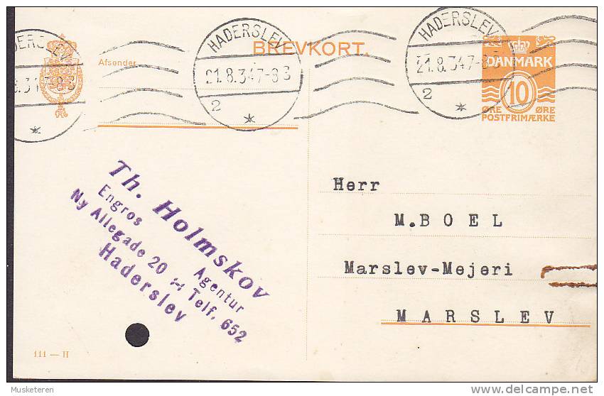 ## Denmark Postal Stationery Ganzsache Entier TH. HOLMSKOV Engros 10 Ø Brevkort HADERSLEV 1934 To MARSLEV (2 Scans) - Ganzsachen