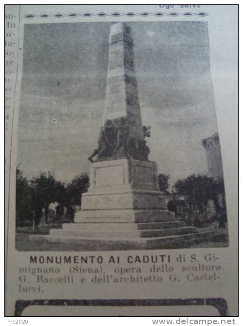 TRIBUNA ILLUSTRATA 24/5/1925 SAN GIMIGNANO SIENA MONUMENTO AI CADUTI SANTORRE DI SANTAROSA FIUMICINO - Autres & Non Classés