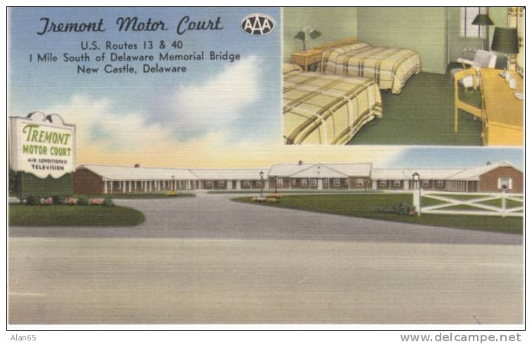 New Castle DE Delaware, Tremont Motor Court Motel Lodging Auto, C1950s Vintage Linen Postcard - Andere & Zonder Classificatie