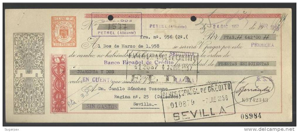 CLASE 7.ª - ERNESTO FERRANDIZ ARACIL - CALZADOS - PETREL - BANCO ESPAÑOL DE CRÉDITO - ELDA - 1957 - K5142343 - Bills Of Exchange