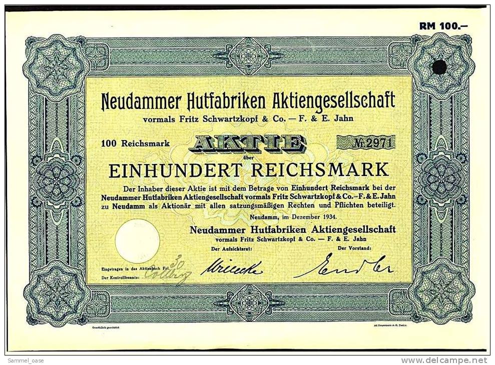 1934 Aktie Hist. Wertpapier , Neudammer Hutfabriken Vormals Fritz Schwartzkopf & Co. - F. &  - 100 Einhundert Reichsmark - Tessili