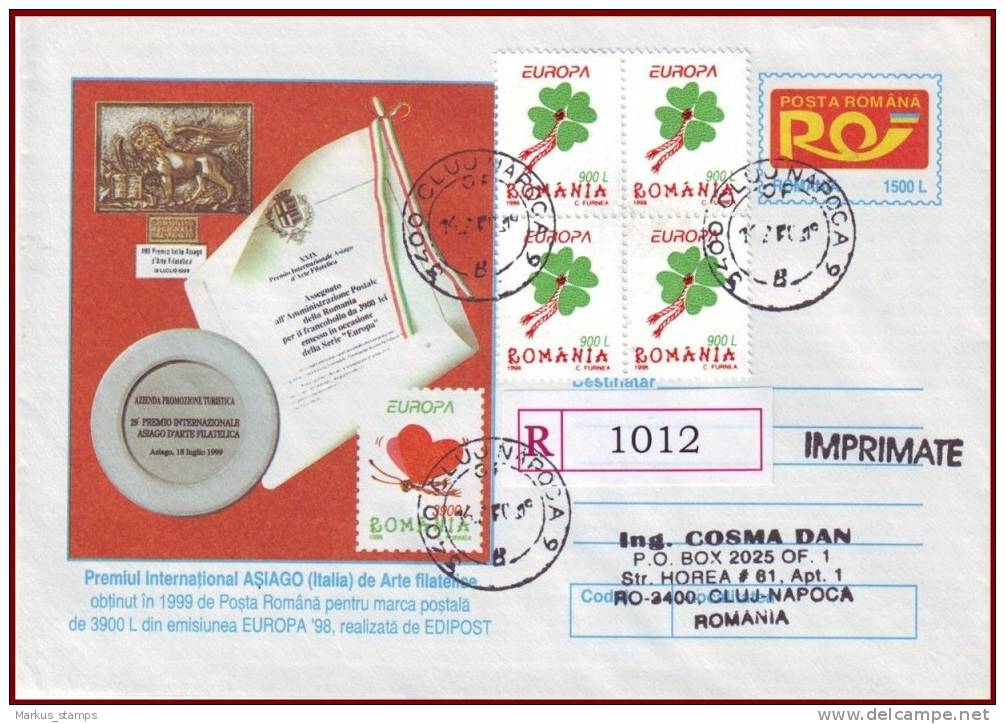 Romania 1999 - Europa Block Uprated Stationery Cover, Stamps Prize - Ganzsachen