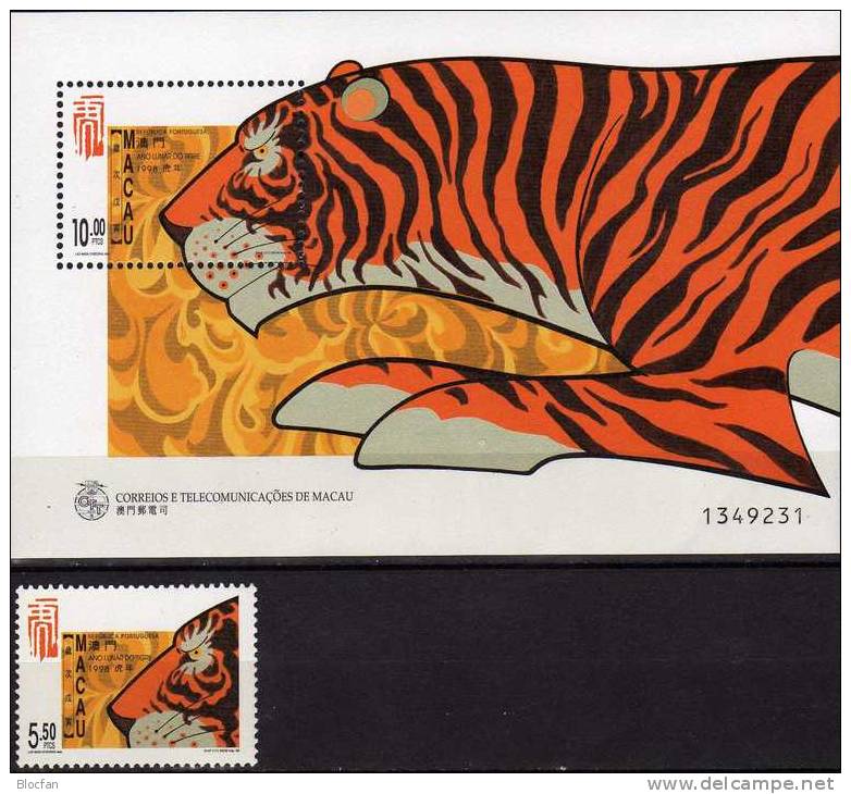 Chinesisches Neujahr 1998 MACAO 947+Block 50 ** 6€ Jahr Des Tiger Nach Kalender China Year Of Tigers Bloc Sheet Bf Macau - Neufs