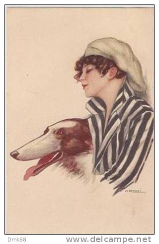 NANNI - ART DECO POSTCARD - WOMAN &amp; DOG - 205-6 - Nanni