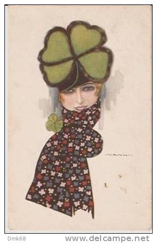 NANNI - ART DECO POSTCARD - WOMAN &amp; FOUR - LEAF CLOVER - 284-2 - Nanni