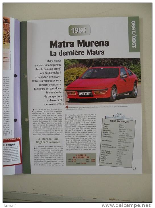 Fiche Technique Voiture - Matra Muréna La Dernière Matra - 1980 - (N°12) Technical Car - Cars