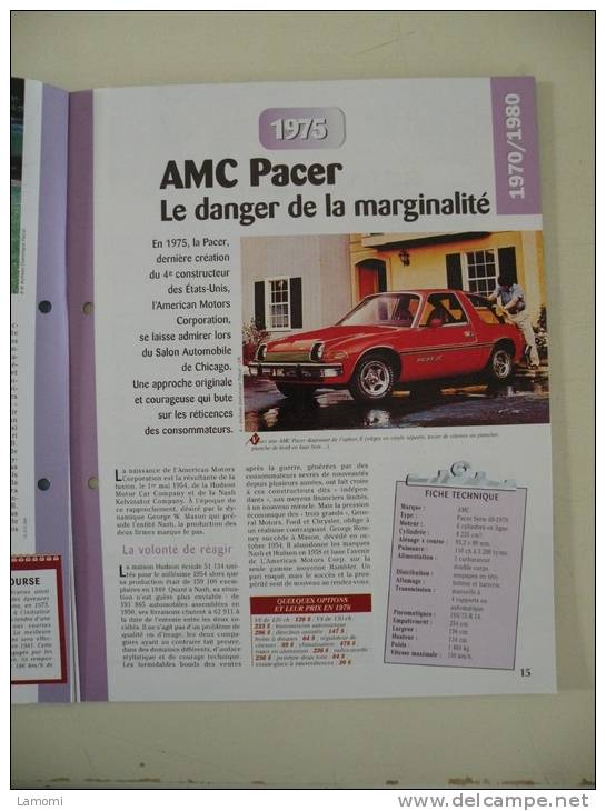 Fiche Technique Voiture - AMC Pacer US - 1975 - (N°13) Technical Car - Cars