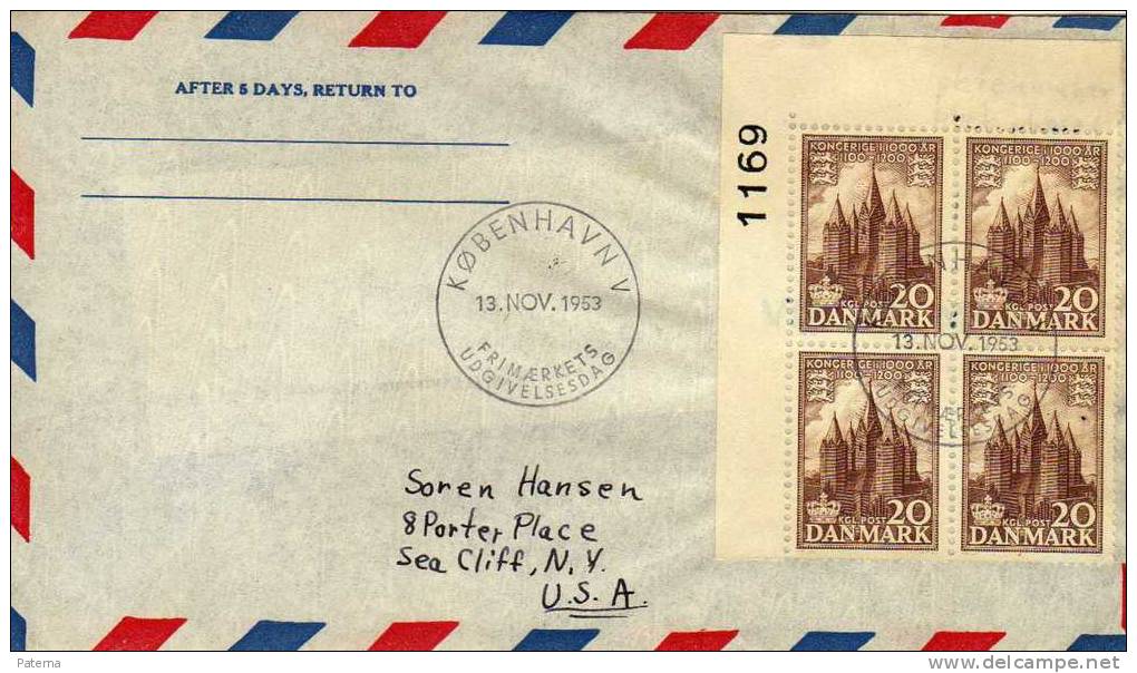 3173  Carta  Aérea Kobenhavn 1953, Dinamarca, Bloque De 4 - Airmail