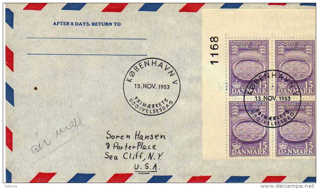 3173  Carta  Aérea, Kobenhavn 1953, Dinamarca, Bloque De 4 - Airmail