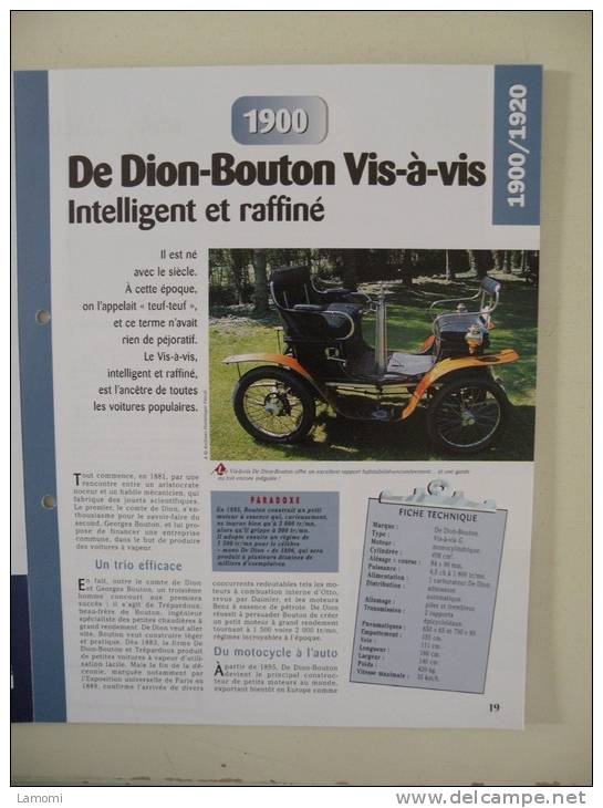 Fiche Technique Voiture - De Dion Bouton Vis à Vis - 1900 - (N°12) Technical Car - Cars