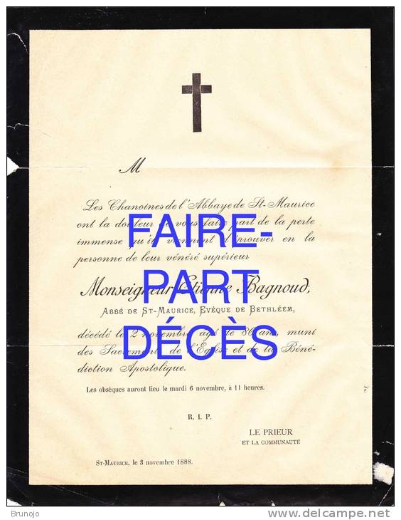 Faire-part Décès Monseigneur Etienne BAGNOUD, Abbé De St-Maurice, évêque De Bethléem, 1888 - Obituary Notices