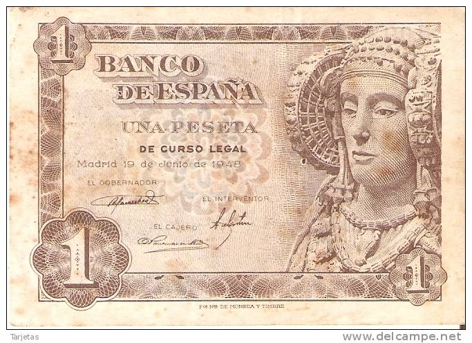 BILLETE DE ESPAÑA DE 1 PTA DEL AÑO 1948 SERIE H - DAMA DE ELCHE  (BANKNOTE) - 1-2 Peseten