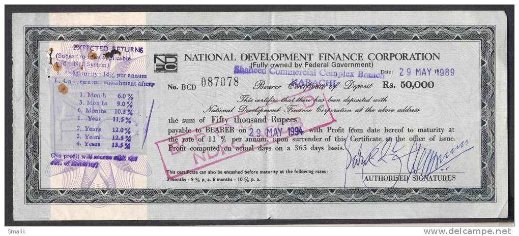 PAKISTAN Bank Deposit Certificate 50,000 Rupees NDFC 29-5-1989 - Bank & Insurance