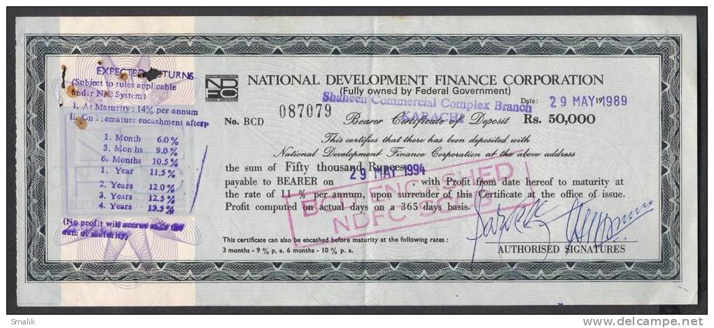 PAKISTAN Bank Deposit Certificate 50,000 Rupees NDFC 29-5-1989 - Bank & Insurance