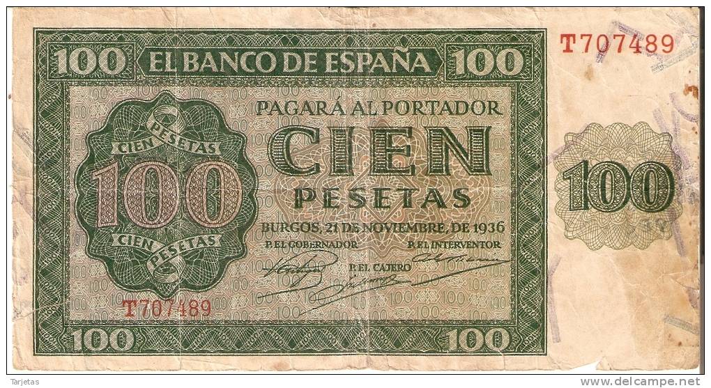 BILLETE DE ESPAÑA DE 100 PTAS 20/05/1936 SERIE T EN CALIDAD RC (BANK NOTE) - 100 Peseten