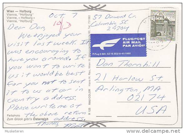 Austria PPC Wien - Hofburg Flugpost Airmail Par Avion Label WIEN 1983 To Massachusetts USA (2 Scans) - Autres & Non Classés