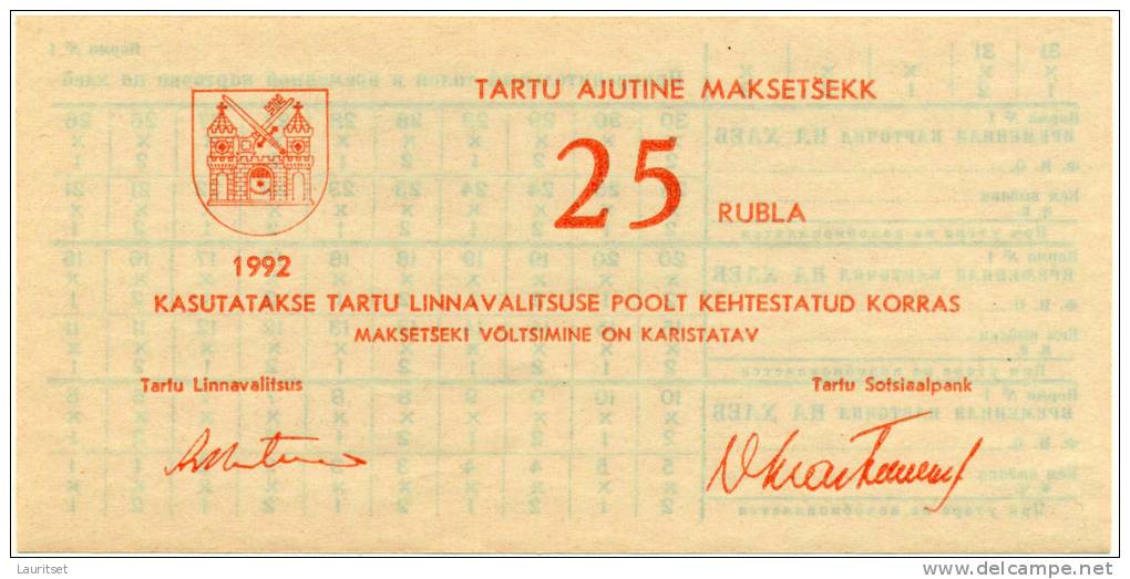 ESTLAND Estonia Estonie Provisional Money Provisorische Bezahlungsschecks Tartu Dorpat 1992 - Estland